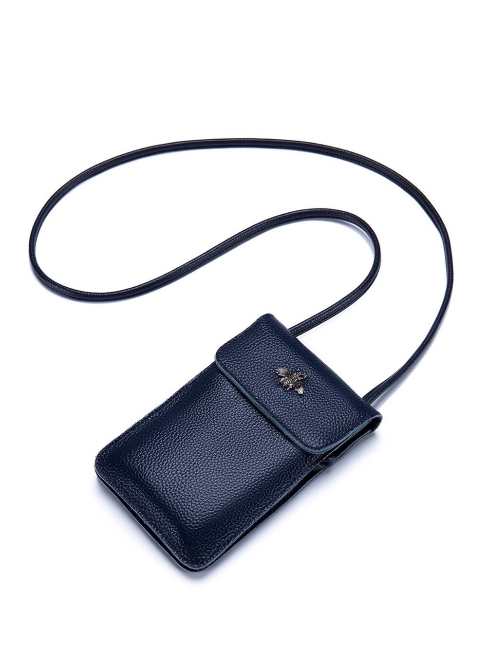 Navy Pebbled Leather Crossbody Phone Bag with Bee Accent